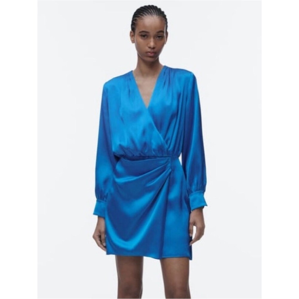 Zara Front Wrap Satin Effect Long Sleeve Mini Dress in Eclectic Blue XS NWT